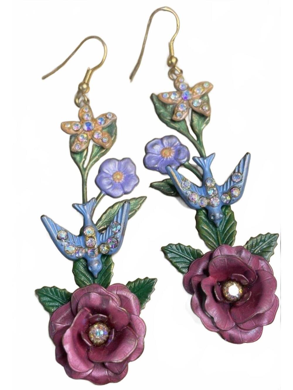Vintage Style Floral and Bird Drop Earrings with Rhinestones